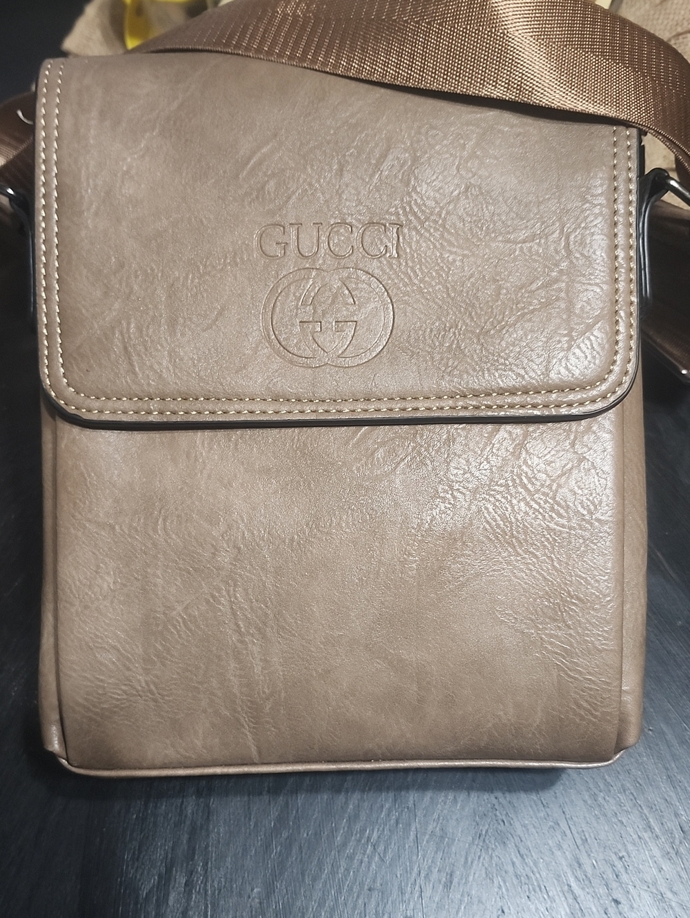 Fashion Men’s Taupe Leather Embossed Logo Messenger Bag